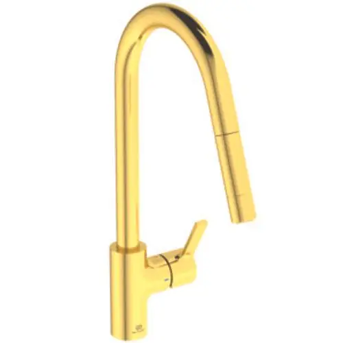 Küchenarmatur in Brushed Gold von Ideal Standard mit hohem, gebogenem Auslauf und integriertem Brausekopf. Einhebelbedienung für einfache Handhabung.